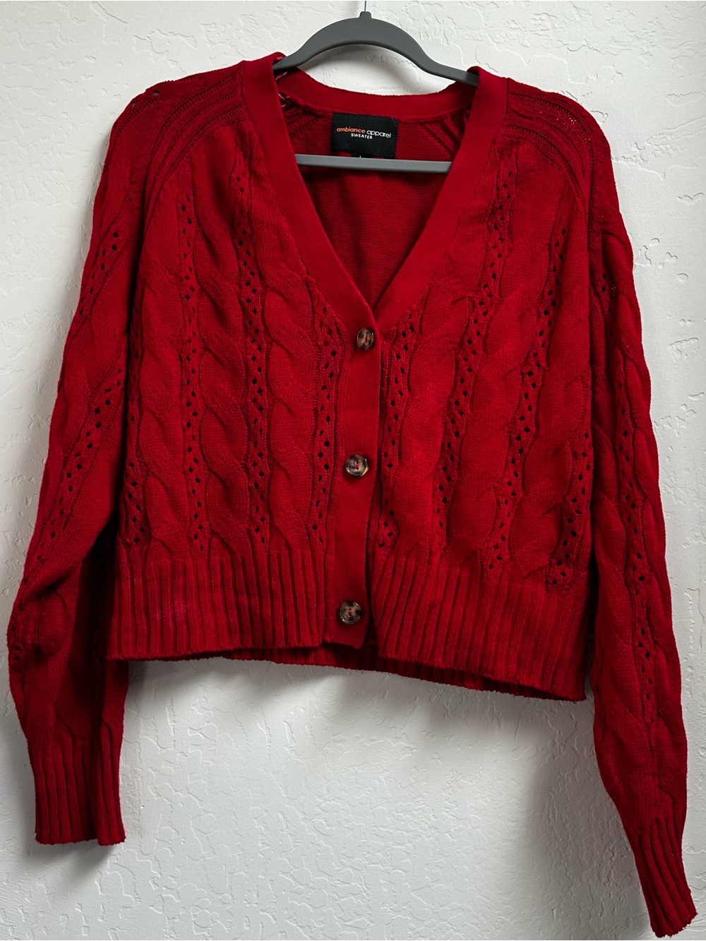 Ambiance Red Cable-Knit Button Front Sweater Cardigan
